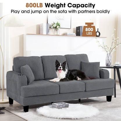 85 Modern Corduroy Rectangle 3-seater Sofa with USB and 2 Pillows