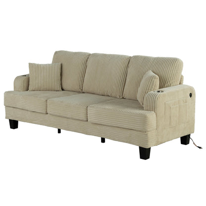 85 Modern Corduroy Rectangle 3-seater Sofa with USB and 2 Pillows