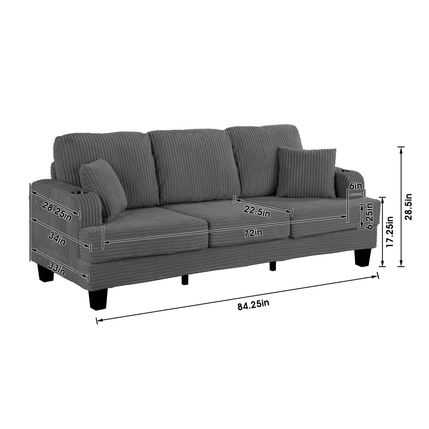 85 Modern Corduroy Rectangle 3-seater Sofa with USB and 2 Pillows