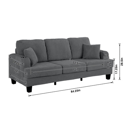 85 Modern Corduroy Rectangle 3-seater Sofa with USB and 2 Pillows