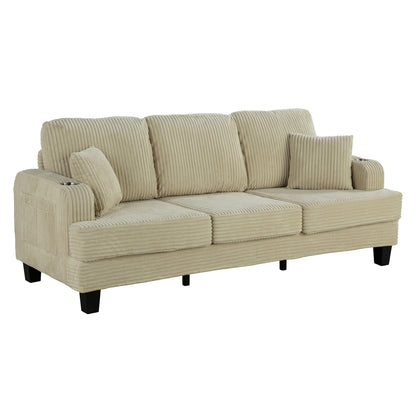 85 Modern Corduroy Rectangle 3-seater Sofa with USB and 2 Pillows