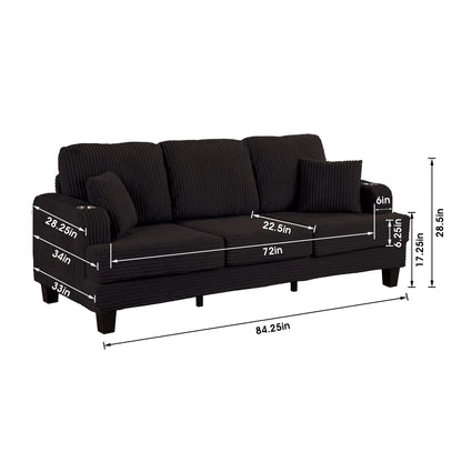 85 Modern Corduroy Rectangle 3-seater Sofa with USB and 2 Pillows