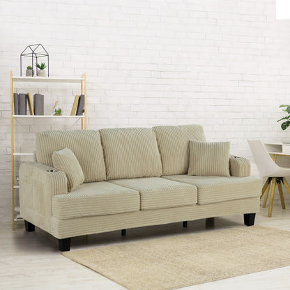 85 Modern Corduroy Rectangle 3-seater Sofa with USB and 2 Pillows
