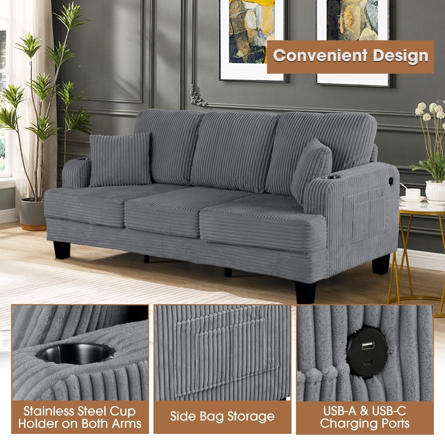 85 Modern Corduroy Rectangle 3-seater Sofa with USB and 2 Pillows