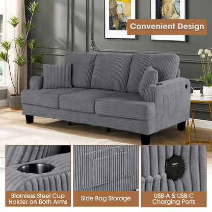 85 Modern Corduroy Rectangle 3-seater Sofa with USB and 2 Pillows