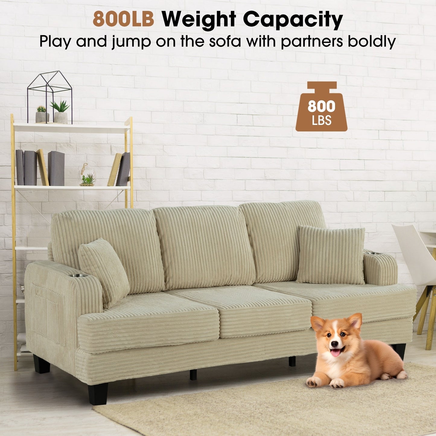 85 Modern Corduroy Rectangle 3-seater Sofa with USB and 2 Pillows