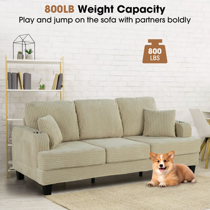 85 Modern Corduroy Rectangle 3-seater Sofa with USB and 2 Pillows