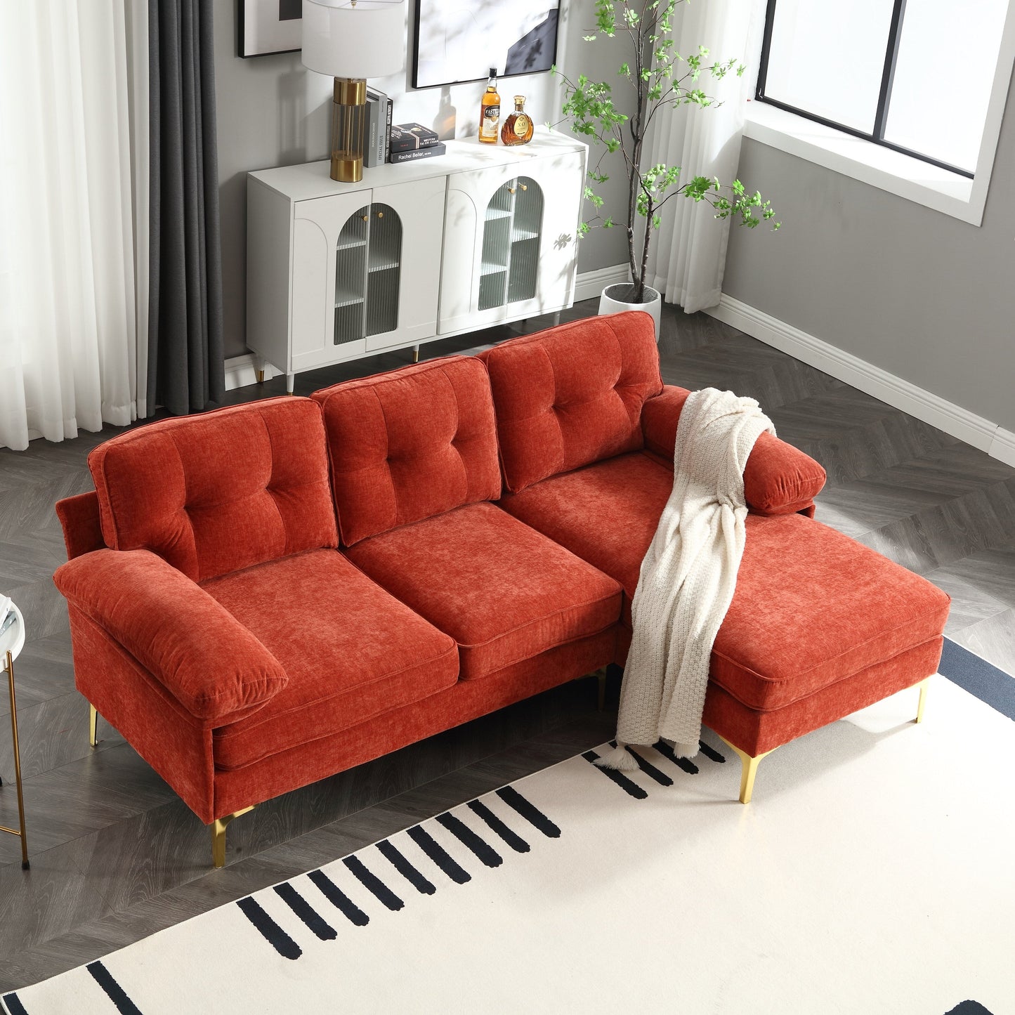85'' Fabric L-Shaped 3 Seat Sofa Couch, with Chaise, Spring Reinforced Cushions, Wooden Frame and Waist Pillows