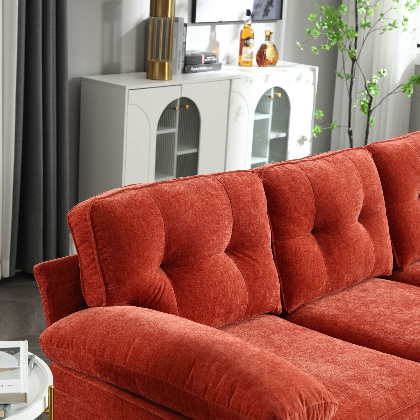 85'' Fabric L-Shaped 3 Seat Sofa Couch, with Chaise, Spring Reinforced Cushions, Wooden Frame and Waist Pillows