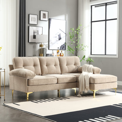 85'' Fabric L-Shaped 3 Seat Sofa Couch, with Chaise, Spring Reinforced Cushions, Wooden Frame and Waist Pillows