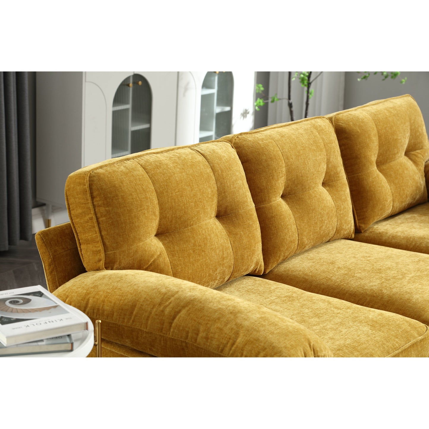 85'' Fabric L-Shaped 3 Seat Sofa Couch, with Chaise, Spring Reinforced Cushions, Wooden Frame and Waist Pillows