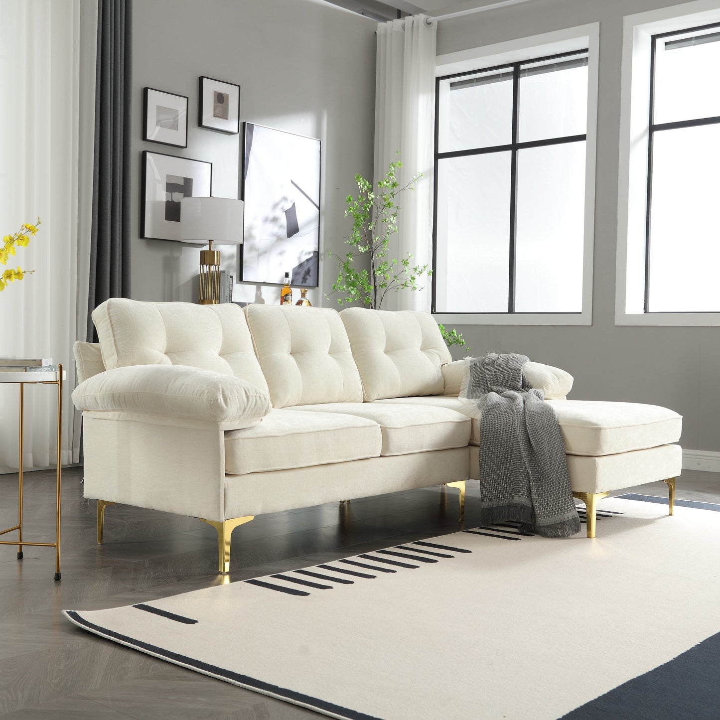 85'' Fabric L-Shaped 3 Seat Sofa Couch, with Chaise, Spring Reinforced Cushions, Wooden Frame and Waist Pillows