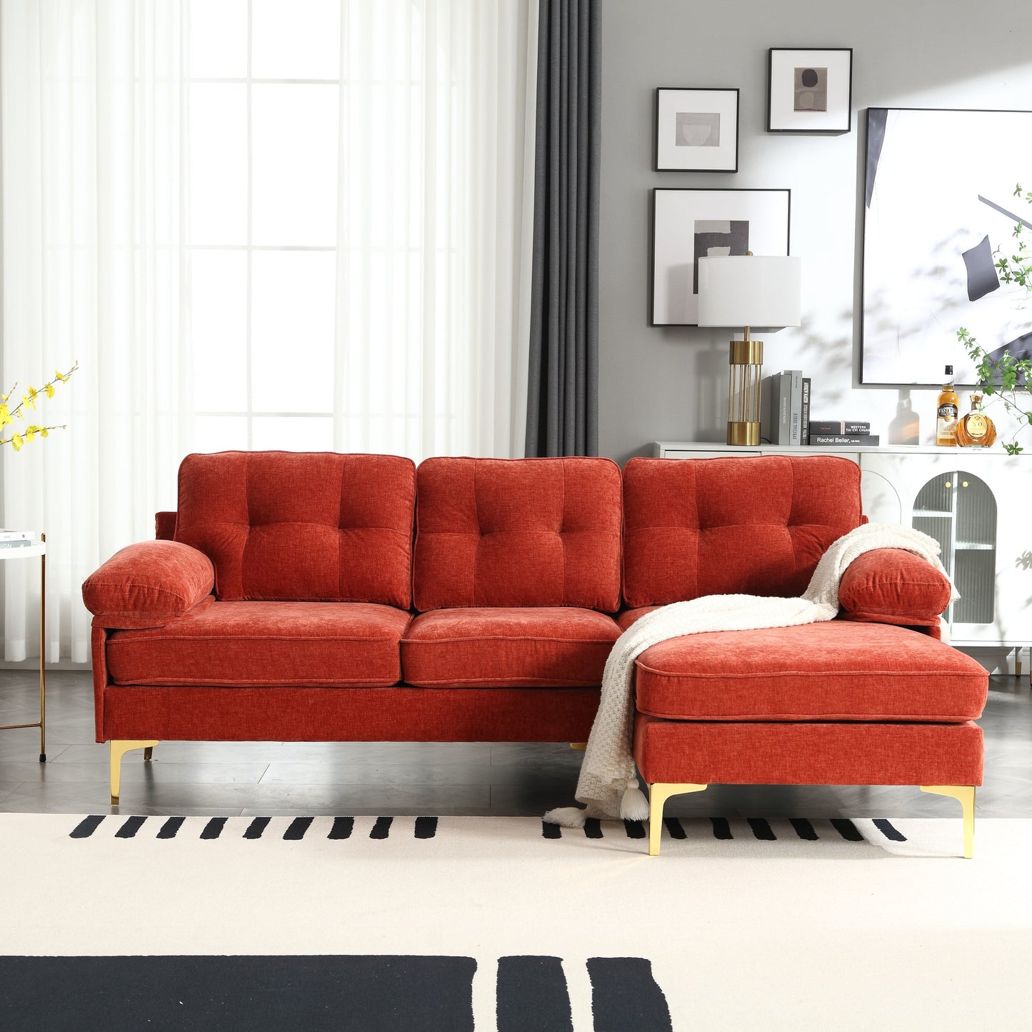 85'' L-Shaped 3-Seater Fabric Sofa with Chaise, Wooden Frame, and Spring Cushion Reinforcement
