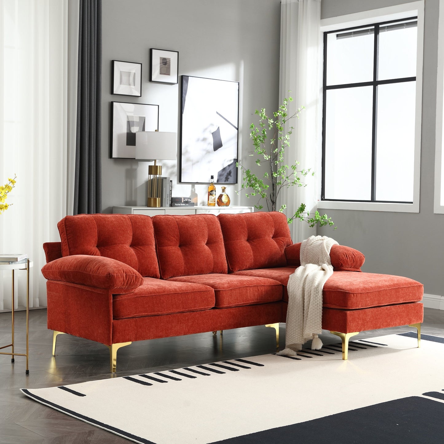 85'' L-Shaped Fabric 3-Seater Sofa with High-Quality Wood Frame, Spring Cushions, and Waist Pillows