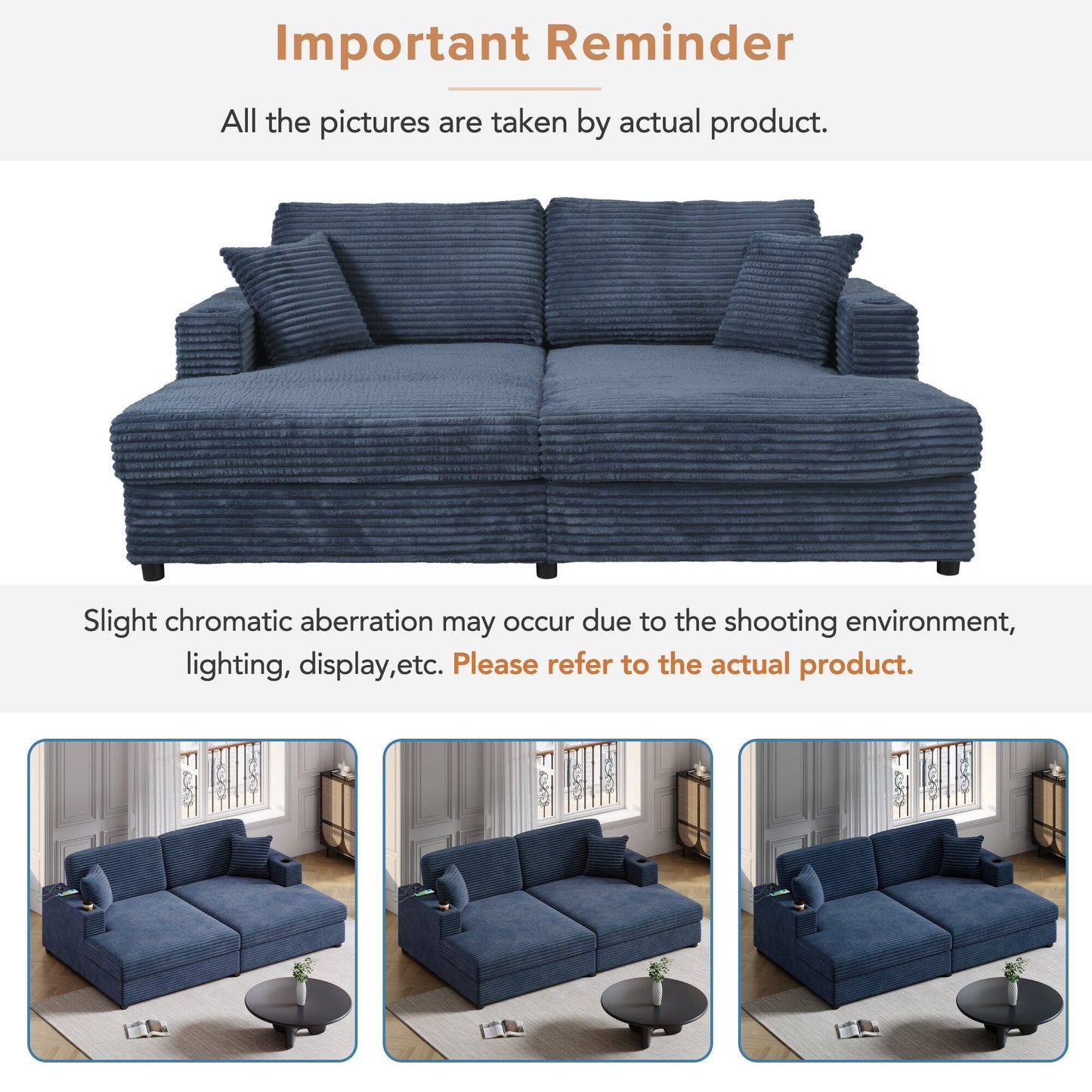 86.5 Corduroy Chaise Lounge Sofa with 2 USB Ports, Cup Holders, and 550lb Capacity