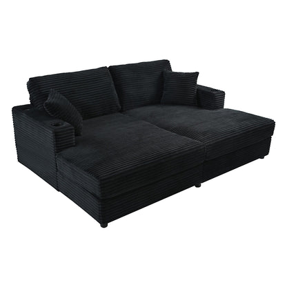 86.5 Corduroy Chaise Lounge Sofa with 2 USB Ports, Cup Holders, and 550lb Capacity
