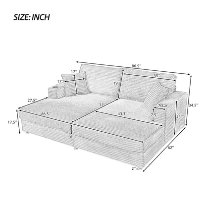 86.5 Corduroy Chaise Lounge Sofa with 2 USB Ports, Cup Holders, and 550lb Capacity