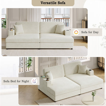 86.5 Corduroy Chaise Lounge Sofa with 2 USB Ports, Cup Holders, and 550lb Capacity