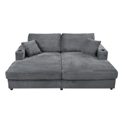 86.5 Corduroy Chaise Lounge Sofa with 2 USB Ports, Cup Holders, and 550lb Capacity