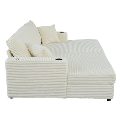 86.5 Corduroy Chaise Lounge Sofa with 2 USB Ports, Cup Holders, and 550lb Capacity