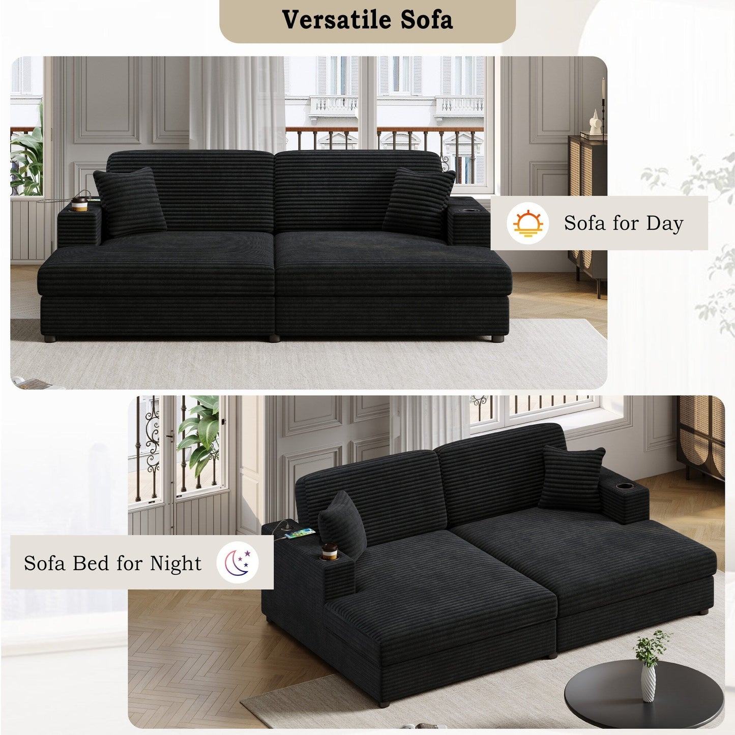 86.5 Corduroy Chaise Lounge Sofa with 2 USB Ports, Cup Holders, and 550lb Capacity