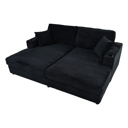 86.5 Corduroy Chaise Lounge Sofa with 2 USB Ports, Cup Holders, and 550lb Capacity