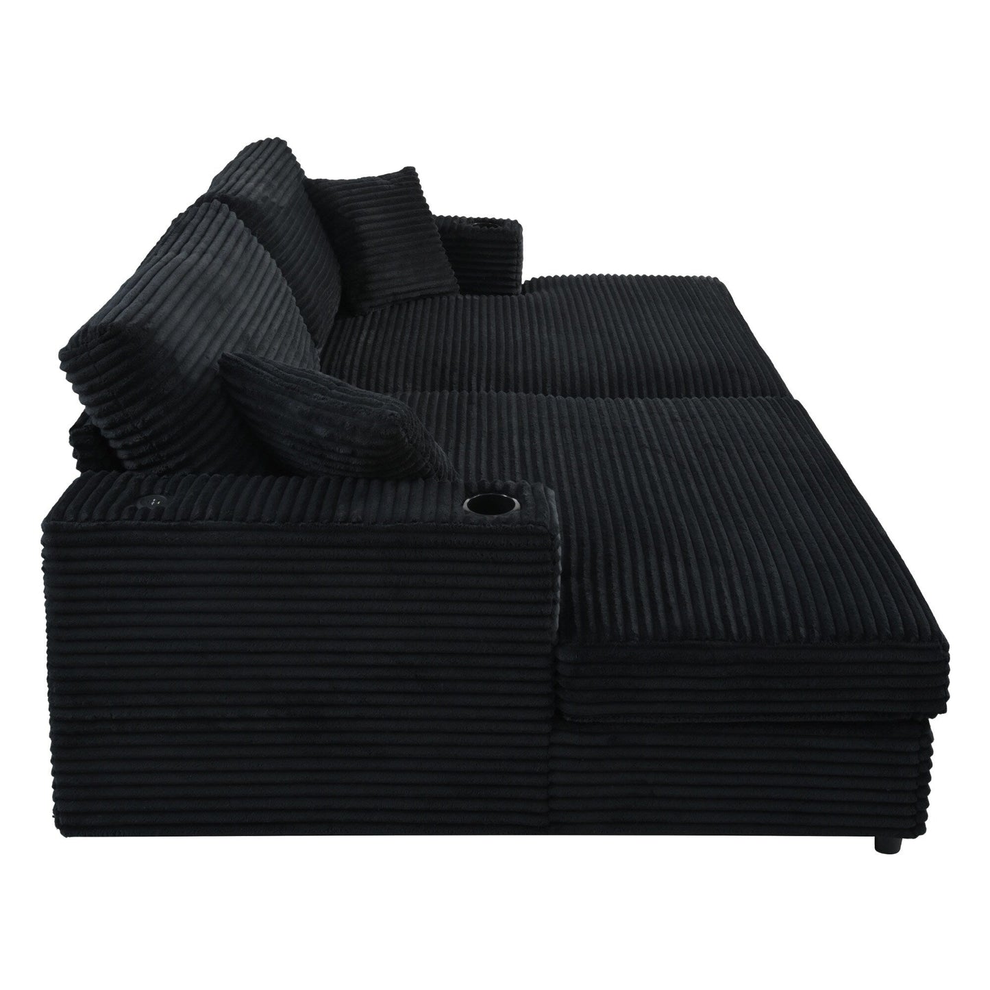 86.5 Corduroy Chaise Lounge Sofa with 2 USB Ports, Cup Holders, and 550lb Capacity