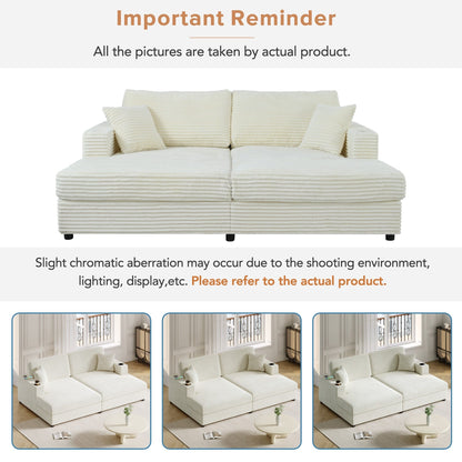86.5 Corduroy Chaise Lounge Sofa with 2 USB Ports, Cup Holders, and 550lb Capacity