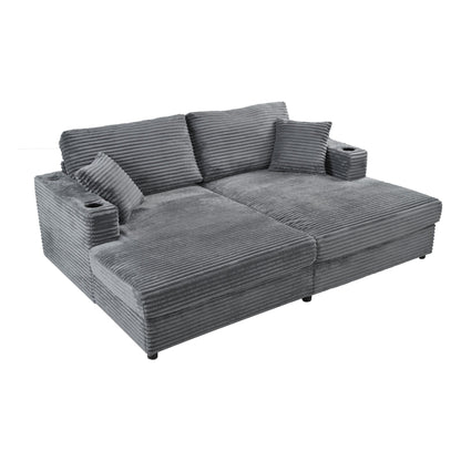 86.5 Corduroy Chaise Lounge Sofa with 2 USB Ports, Cup Holders, and 550lb Capacity
