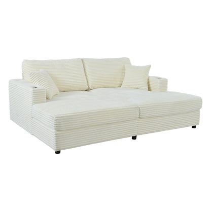 86.5 Corduroy Chaise Lounge Sofa with 2 USB Ports, Cup Holders, and 550lb Capacity