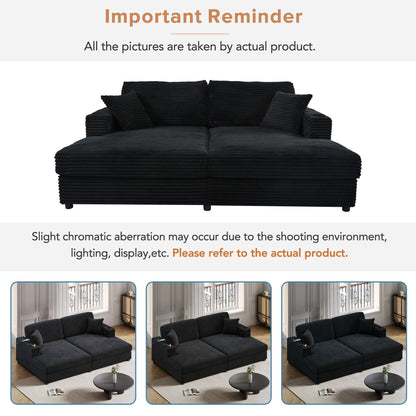86.5 Corduroy Chaise Lounge Sofa with 2 USB Ports, Cup Holders, and 550lb Capacity