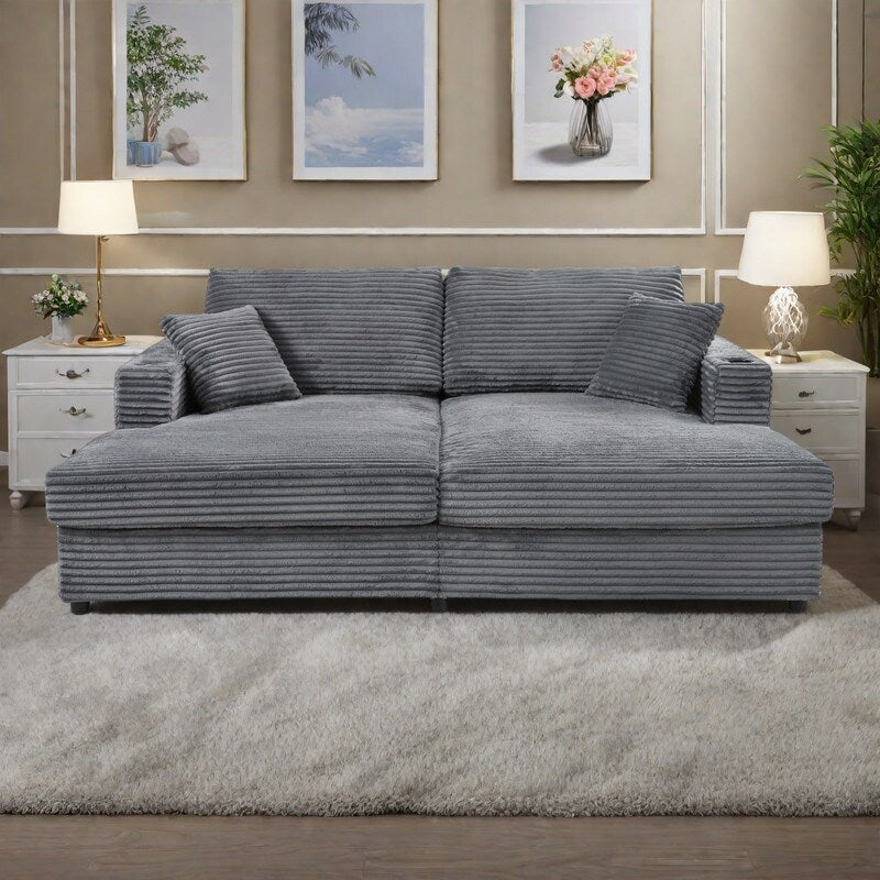 86.5 Corduroy Chaise Lounge Sofa with 2 USB Ports, Cup Holders, and 550lb Capacity