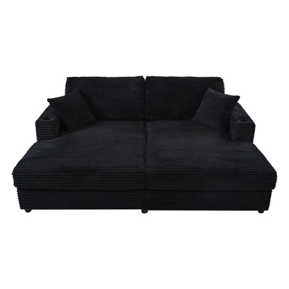 86.5 Corduroy Chaise Lounge Sofa with 2 USB Ports, Cup Holders, and 550lb Capacity