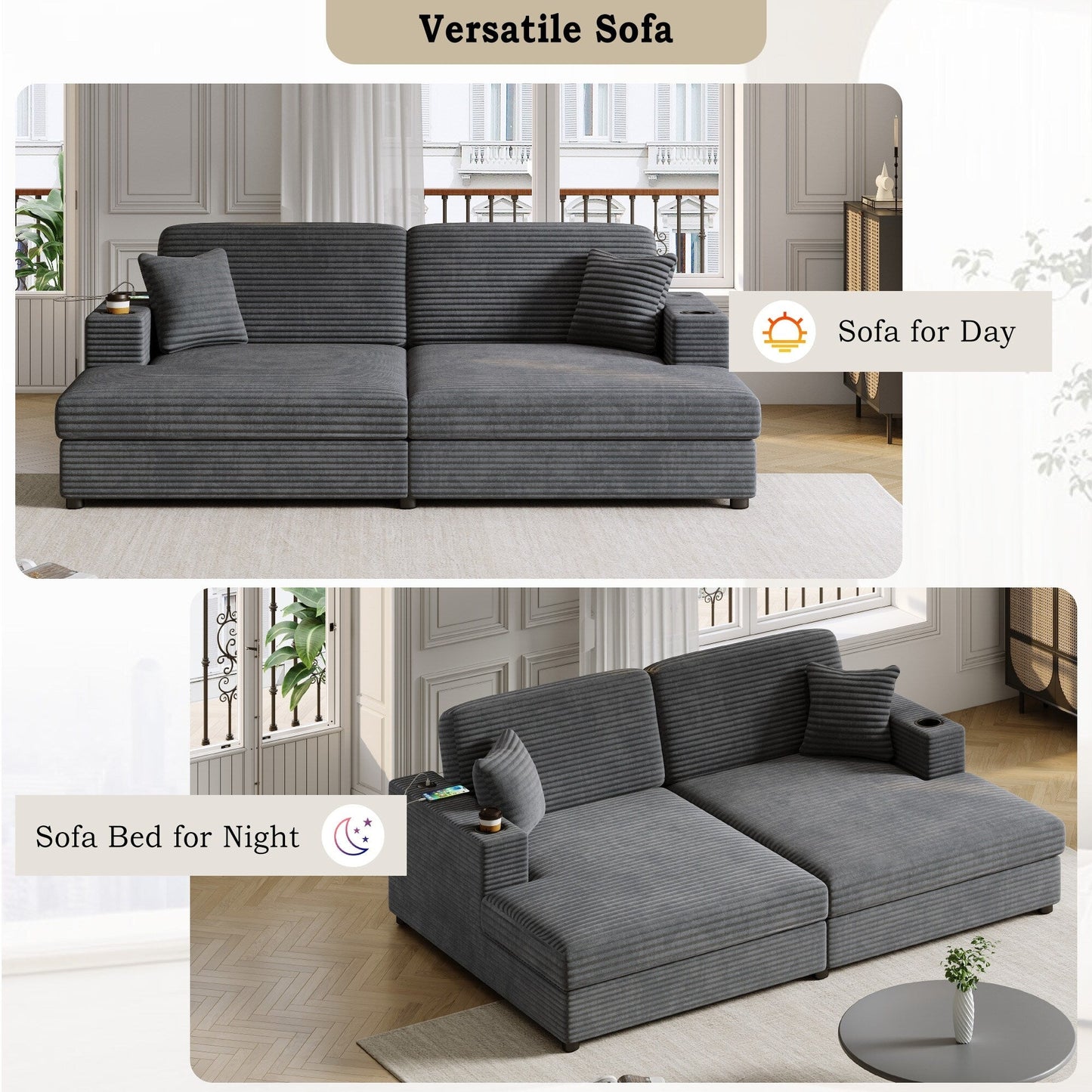 86.5 Corduroy Chaise Lounge Sofa with 2 USB Ports, Cup Holders, and 550lb Capacity