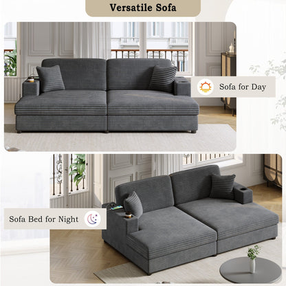 86.5 Corduroy Chaise Lounge Sofa with 2 USB Ports, Cup Holders, and 550lb Capacity