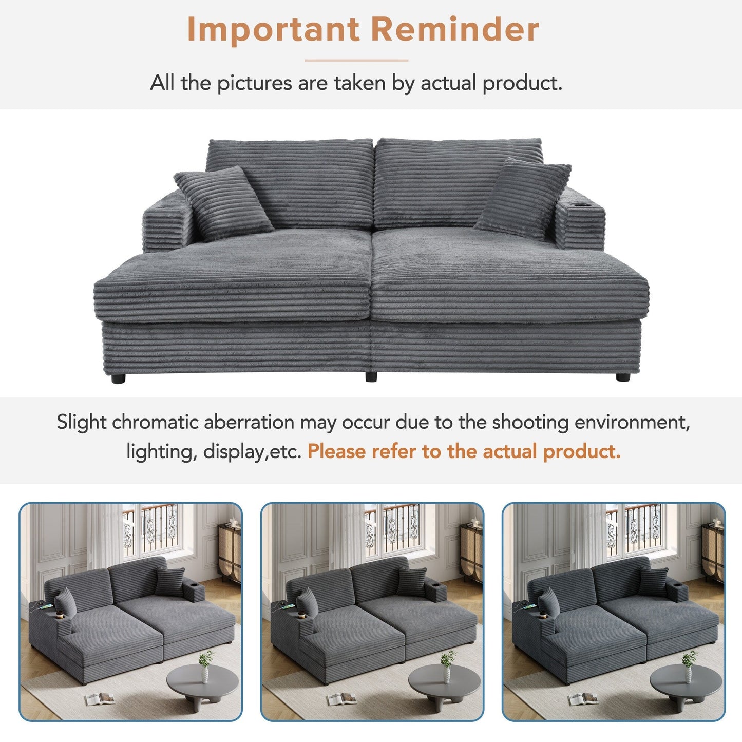 86.5 Corduroy Chaise Lounge Sofa with 2 USB Ports, Cup Holders, and 550lb Capacity