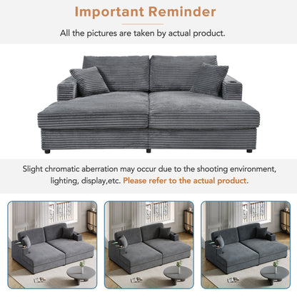 86.5 Corduroy Chaise Lounge Sofa with 2 USB Ports, Cup Holders, and 550lb Capacity