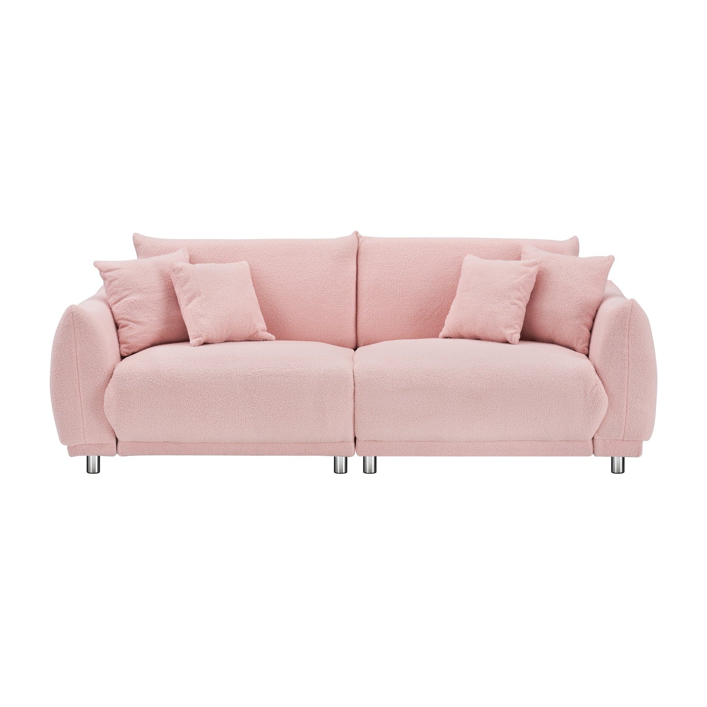 86.6 inch teddy fleece pink sofa with four throw pillows and hardware feet can sit comfortably in an apartment bedroom