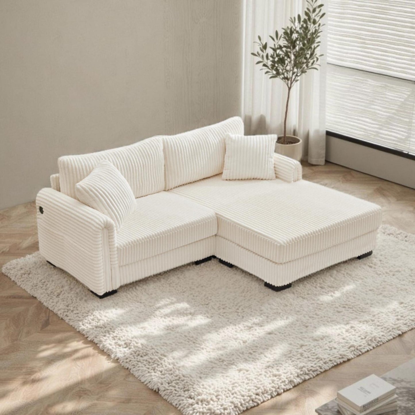 86.6 2-Seater L-shaped Reversible Sofa Corduroy Couch with USB-C Charging and Storage Pocket for Living Room