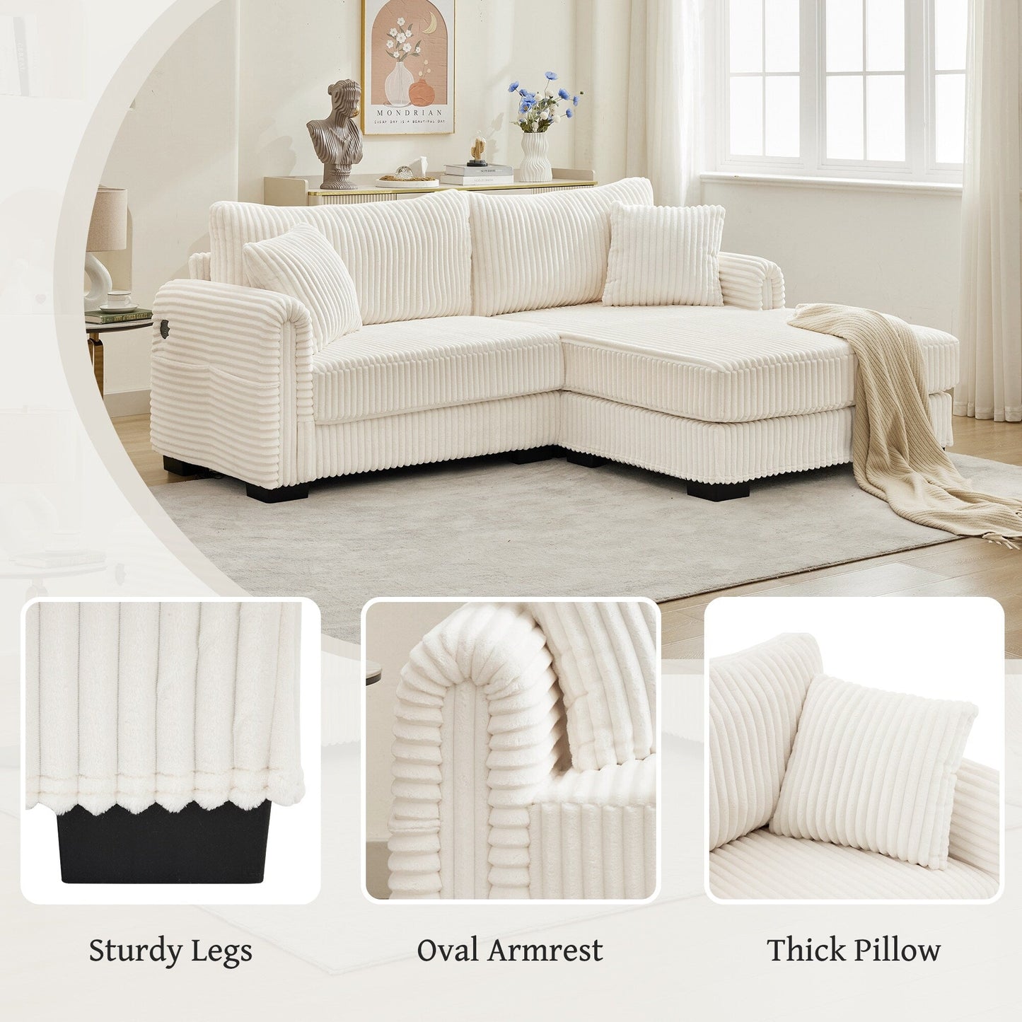 86.6 2-Seater L-shaped Reversible Sofa Corduroy Couch with USB-C Charging and Storage Pocket for Living Room