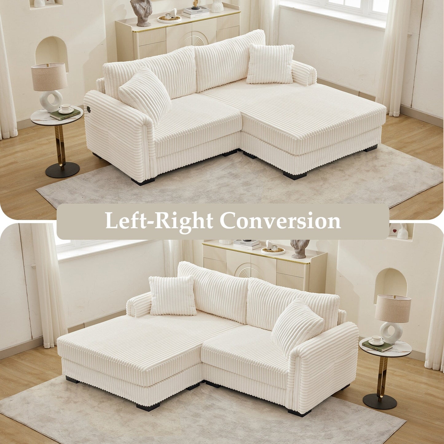 86.6 2-Seater L-shaped Reversible Sofa Corduroy Couch with USB-C Charging and Storage Pocket for Living Room