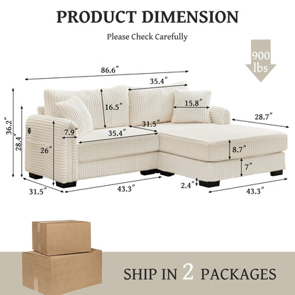 86.6 2-Seater L-shaped Reversible Sofa Corduroy Couch with USB-C Charging and Storage Pocket for Living Room