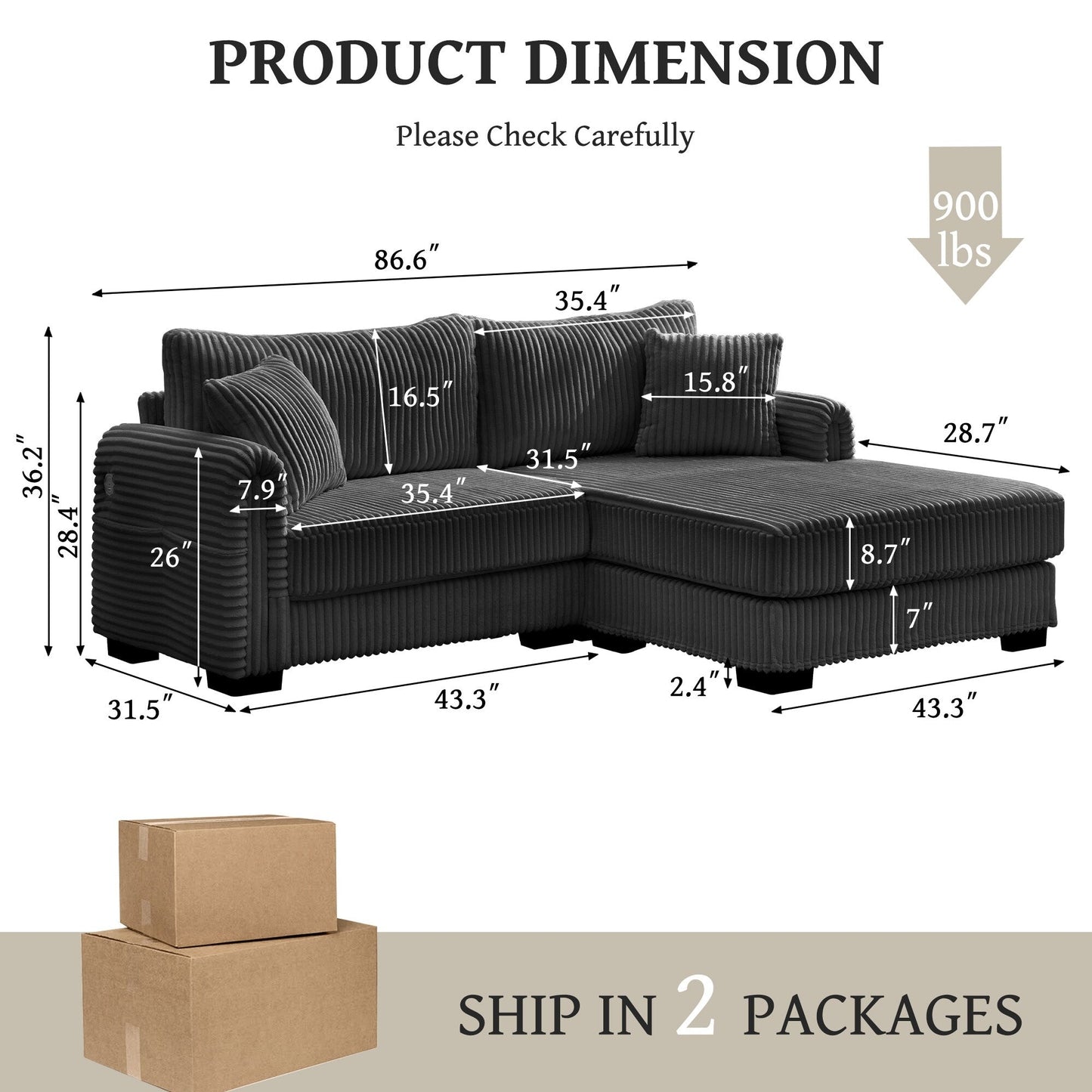 86.6 2-Seater L-shaped Reversible Sofa Corduroy Couch with USB-C Charging and Storage Pocket for Living Room