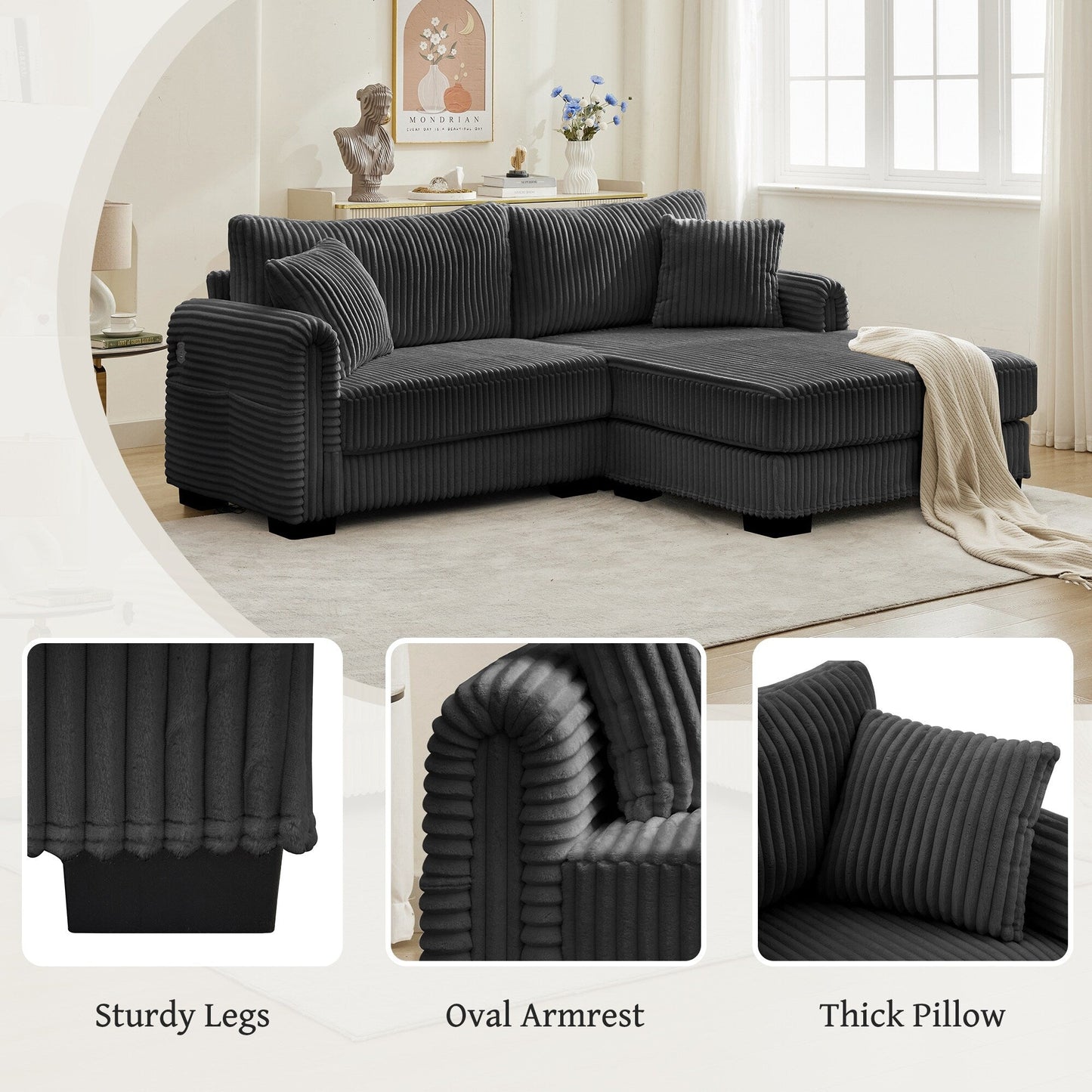 86.6 2-Seater L-shaped Reversible Sofa Corduroy Couch with USB-C Charging and Storage Pocket for Living Room