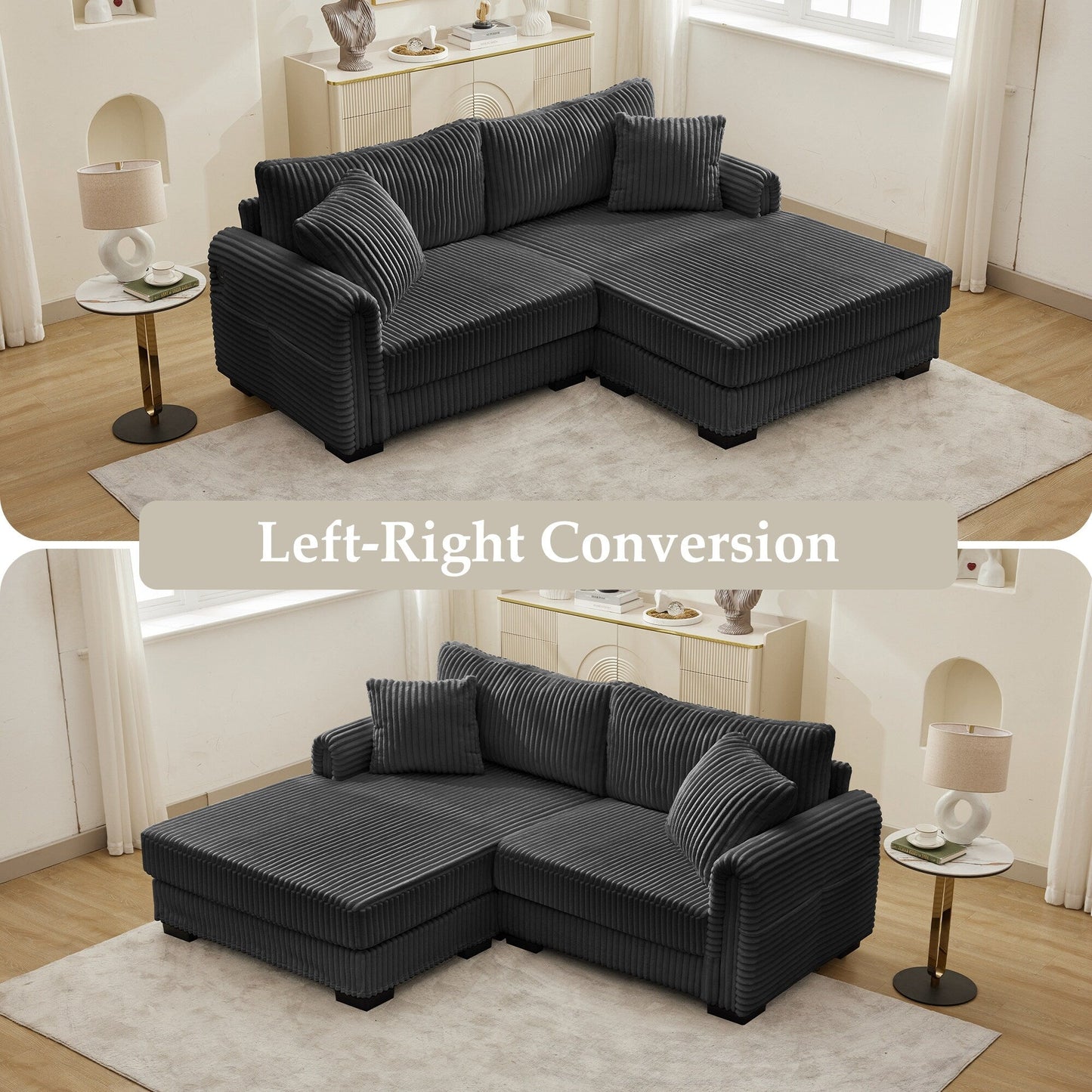 86.6 2-Seater L-shaped Reversible Sofa Corduroy Couch with USB-C Charging and Storage Pocket for Living Room