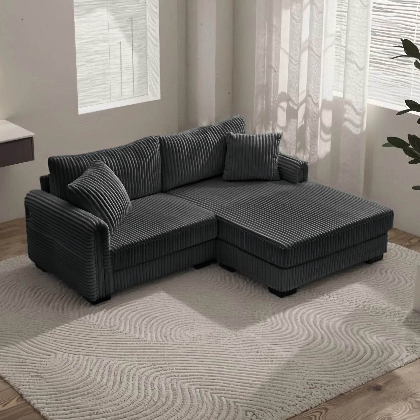 86.6 2-Seater L-shaped Reversible Sofa Corduroy Couch with USB-C Charging and Storage Pocket for Living Room