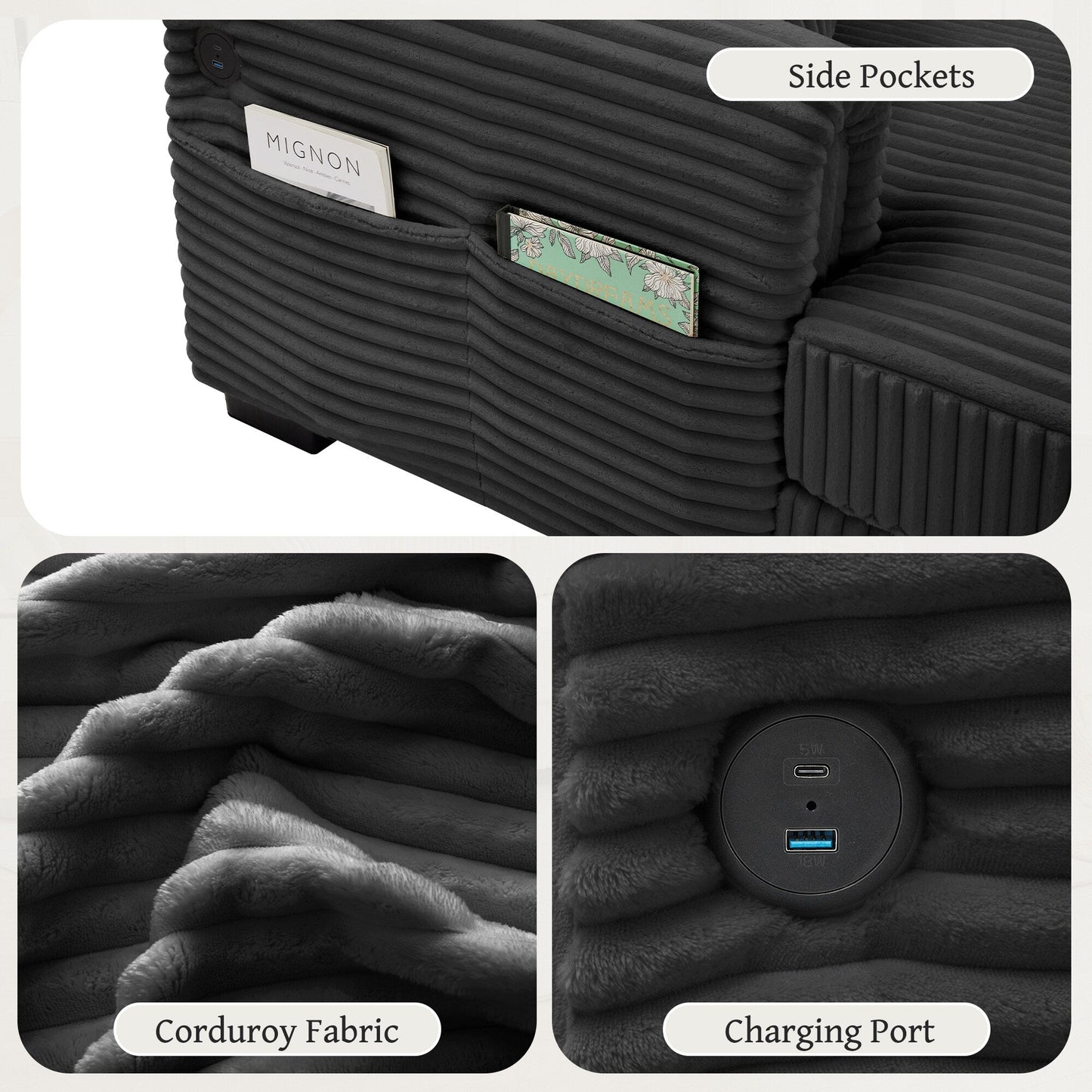 86.6 2-Seater L-shaped Reversible Sofa Corduroy Couch with USB-C Charging and Storage Pocket for Living Room
