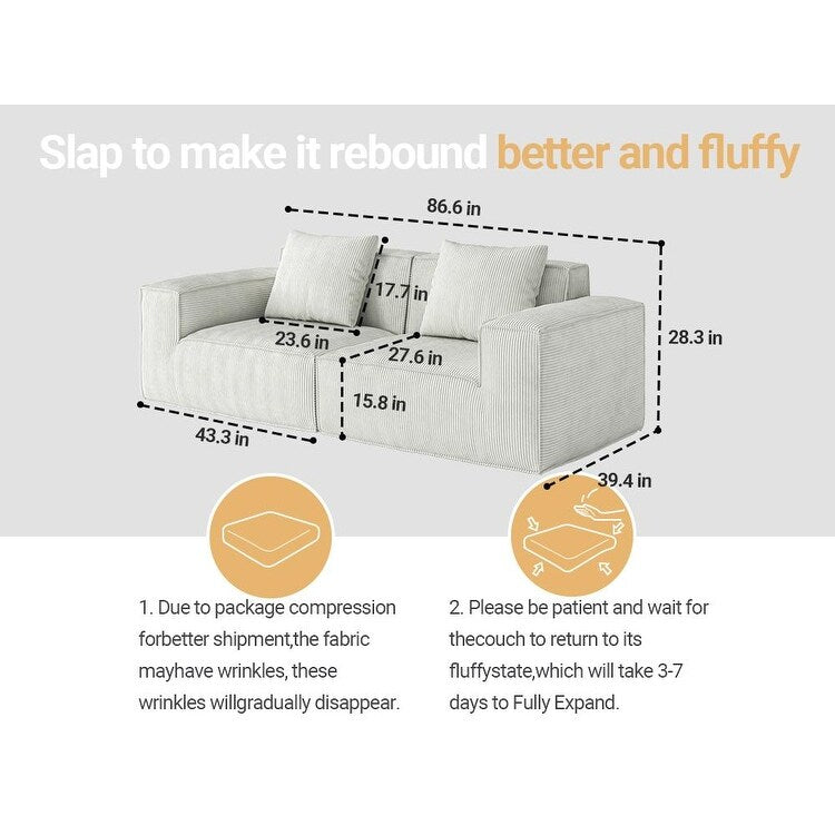 86.6 Foam 3-Seater Sofa Block Sofa with Wide Seat Depth, One-Piece Molded Sponge, Removable Washable Cover