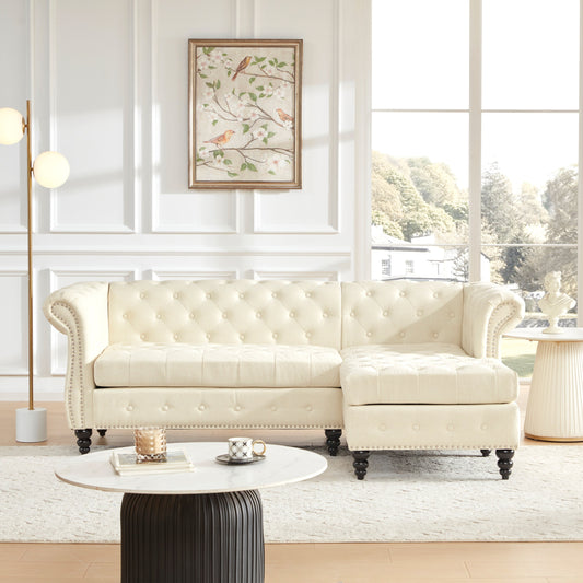 86.6'' L-Shaped Linen Chesterfield Sofa with Button Tufting, Rolled Arms, Nailhead Trim, and Gourd Wood Legs