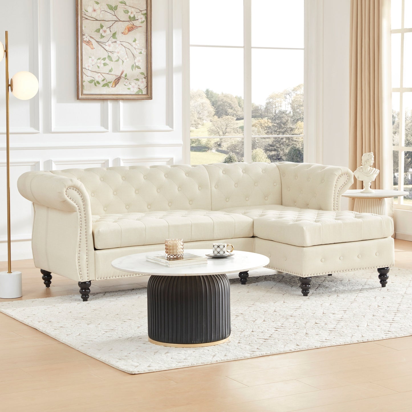 86.6'' Linen Chesterfield 3 Seater Sofa with Chaise, Rolled Arms, Nailhead Trim, and Gourd Wooden Legs